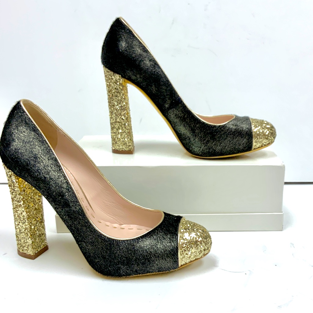 Miu Miu Gray Gold Glitter Ponyhair Pumps Hells 38